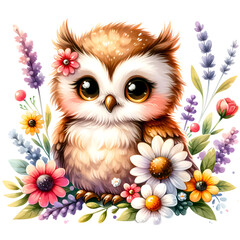 Fototapeta premium Cute floral owl watercolor clipart with transparent background