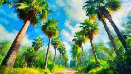 digital oil painting of palm trees in the tropics on a sunny day printable square artwork impasto