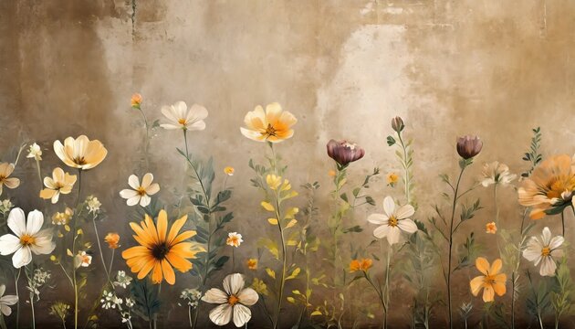 graphic wildflowers painted on a brown concrete grunge wall floral background in loft modern style design for wall mural card postcard wallpaper photo wallpaper