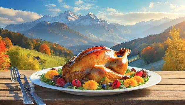 chicken on a plate for thanksgiving against the backdrop of mountain nature fantasy concept illustration painting