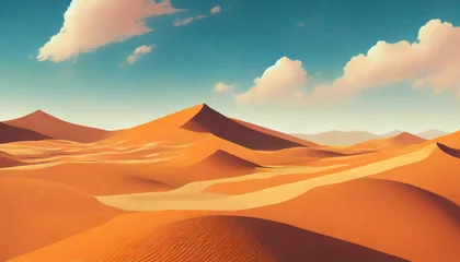 Foto op Aluminium flat 2d minimalistic desert 4k wallpaper showing an orange desert with hills mountains sand sky and clouds vintage landscape background © Slainie