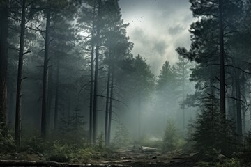  a dirt road in the middle of a forest with lots of tall trees on both sides of the road and a foggy sky in the middle of the distance.