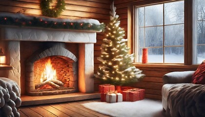 festive hearth in a cozy winter cabin ai generated illustration of christmas warmth and indoor fire
