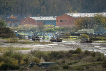 a squadron of British army FV4034 Challenger 2 ii main battle tanks returning to Tidworth Garrison...