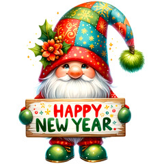 Cute new year gnome watercolor clipart with transparent background