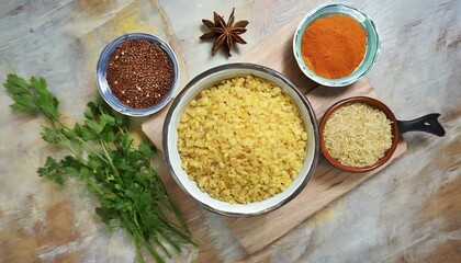 Fototapeta na wymiar raw bulgur in bowl and spices on table flat lay