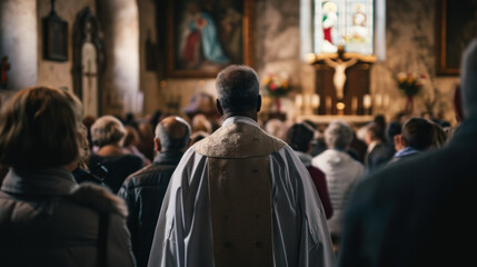 A priest in uniform leads prayers in a church along with a large crowd of people