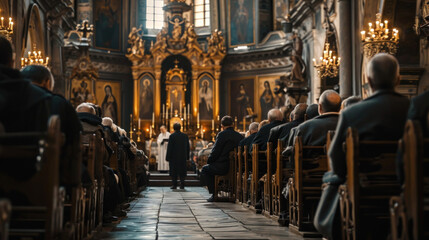 Fototapeta na wymiar A priest in uniform leads prayers in a church along with a large crowd of people