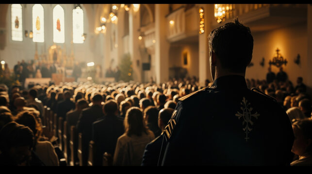 A priest in uniform leads prayers in a church along with a large crowd of people