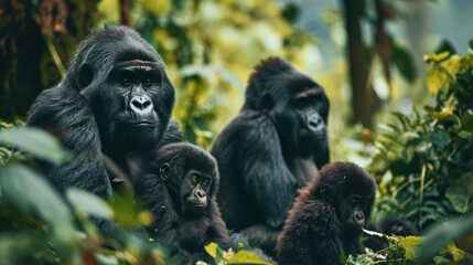 Obraz premium Family of gorillas in the morning forest