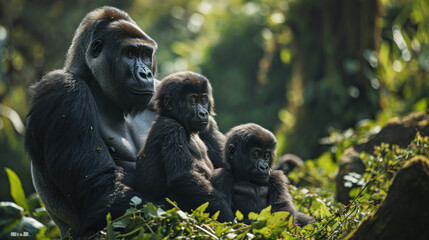 Obraz premium Family of gorillas in the morning forest