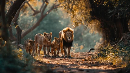 Foto op Aluminium Family of lions in the morning forest © EmmaStock