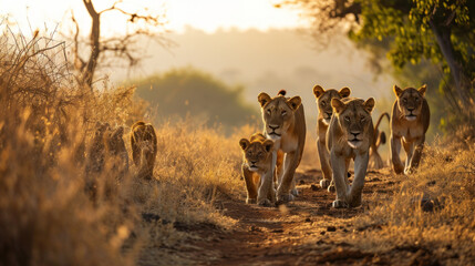 Family of lions in the morning safari