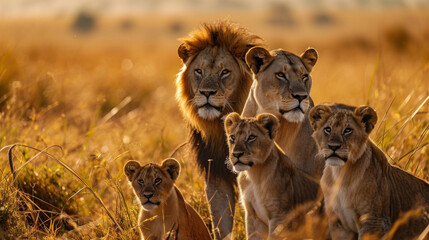 Family of lions in the morning safari