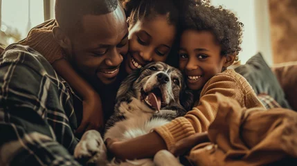 Tuinposter African American family and their dog enjoying at home © EmmaStock