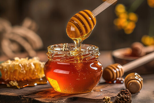Fresh flower honey in a honeycomb jar on a wooden table