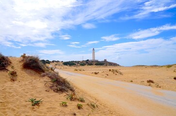 Faro de Trafalgar, view over the dunes along the road  to the lighthouse at a sandy headland...