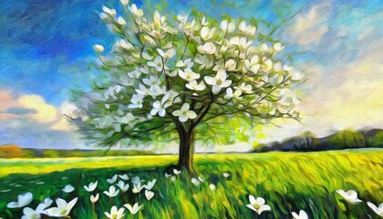 dogwood tree with white flowers on a meadow digital oil painting impasto printable square wall art