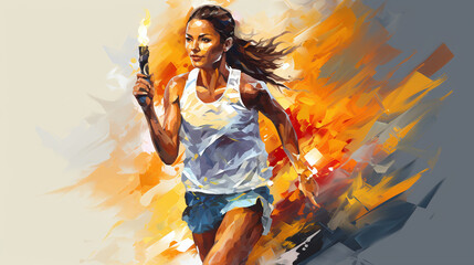 female athlete carries the olympic torch in watercolor style - obrazy, fototapety, plakaty