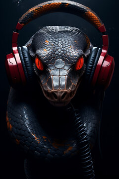 Snake with headphones. Snake listening to music