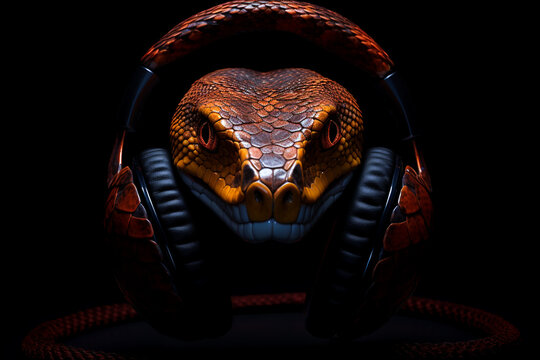 Snake with headphones. Snake listening to music