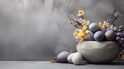 Easter still life on modern concrete background - festive eggs, spring flowers, and decorative elements in stylish composition - obrazy, fototapety, plakaty