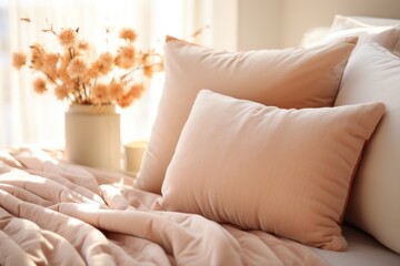  a bed with a bunch of pillows and a vase of flowers on the side of the bed with a pink comforter and a vase of flowers on the side of the bed.
