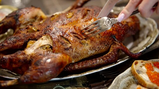 Holiday dinner cooking roasted goose family celebration	