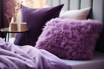  a close up of a bed with pillows and a table with a vase of flowers and a bed with a purple comforter and pillows on top of the bed.