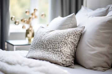  a close up of a bed with white pillows and a leopard print pillow on top of a white bed with a white comforter and a window in the background.