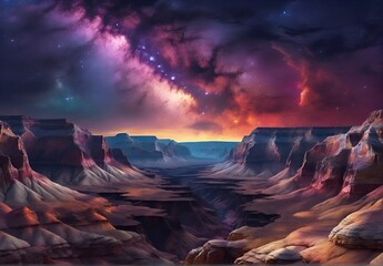 A canyon, a dried up river bed with very steep slopes, with an unusually beautiful night sky