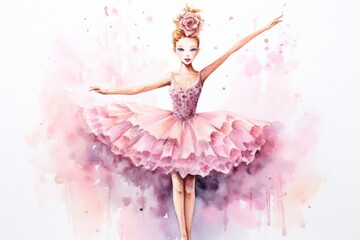  a watercolor painting of a ballerina in a pink tutu with a rose in her hair and a pink rose in her hair and a pink tutuff.