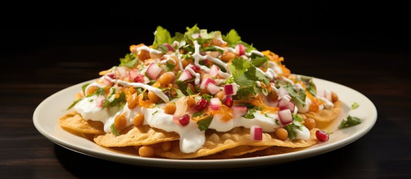 India's popular street food, papdi chaat, shown on a plate with focused attention.