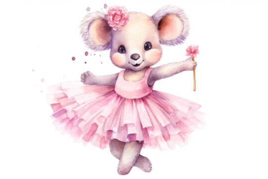  a watercolor painting of a teddy bear dressed in a pink tutu and holding a pink flower in one hand and wearing a pink dress in the other hand.