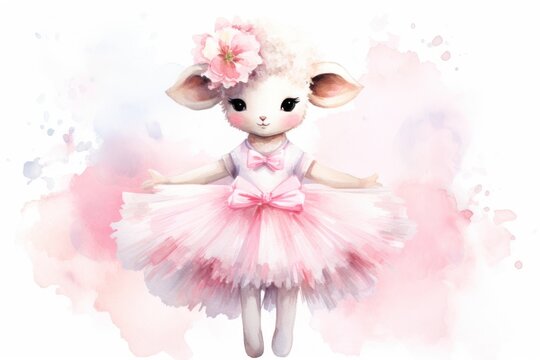  a watercolor painting of a little lamb in a pink tutu with a flower in it's hair, wearing a pink tutu and a pink dress.
