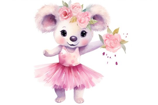  a watercolor painting of a teddy bear wearing a pink tutu and holding a pink flower in her hand and wearing a pink tutu and a pink dress.