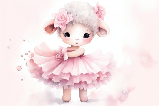  a painting of a little lamb wearing a pink tutu and a pink flower in her hair, standing in front of a pink background with a pink and white background.