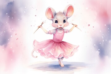  a watercolor painting of a little girl in a pink dress with a mouse on her shoulder and a stick in her hand, in front of a pink and blue and white background.