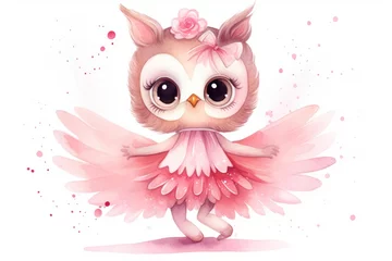Foto op Plexiglas  a little pink owl with big eyes and a flower in her hair is wearing a pink dress and a pink flower in her hair is standing on a white background. © Shanti
