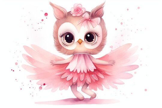  a little pink owl with big eyes and a flower in her hair is wearing a pink dress and a pink flower in her hair is standing on a white background.