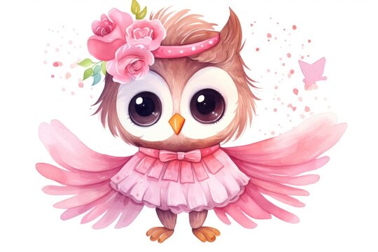  a watercolor painting of an owl wearing a pink dress with a flower in its hair and a pink ribbon around its neck, with a pink flower in her hair.