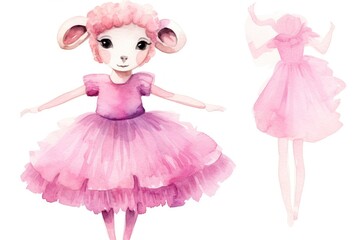  a watercolor drawing of a little girl in a pink dress with a sheep on it's head and a sheep in a pink dress with a pink tutuff.