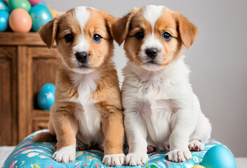 two cute little dogs with easter eggs in the background