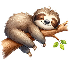 Cute sleepy sloth watercolor clipart with transparent background - obrazy, fototapety, plakaty
