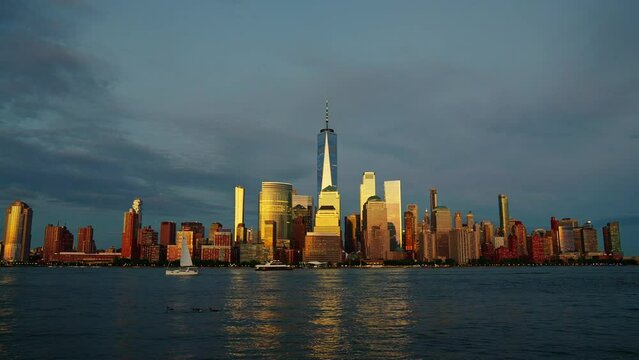 Manhattan New York time laps at night. Timelapse Sunset in New York Lower Manhattan Financial District Hudson River. From New york with love. Manhattan New York Cityscape NYC.