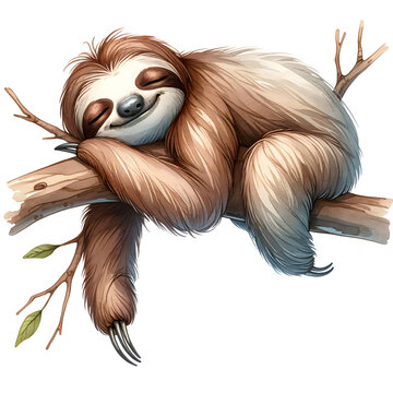Cute sleepy sloth watercolor clipart with transparent background