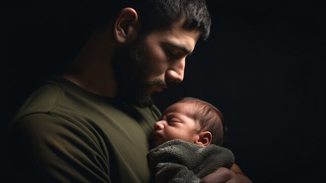 Image of new dad embracing his infant child. Paternal affection solo father papa day idea.