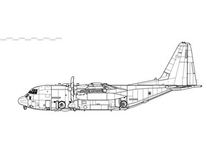 Lockheed AC-130J Ghostrider with GBU-39 Small Diameter Bomb. Close air support gunship for SOF teams. Side view. Image for illustration and infographics.