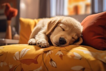  a close up of a dog laying on a bed with its head on a pillow with its eyes closed and it's head resting on its paws on a pillow. - obrazy, fototapety, plakaty
