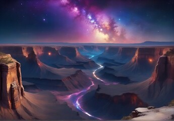 A canyon, a dried up river bed with very steep slopes, with an unusually beautiful night sky